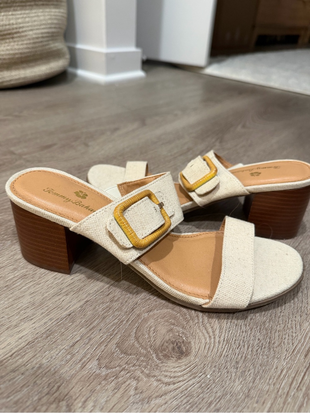 Tommy Bahama Cream Fabric Buckle Block Heel Mules. Never worn